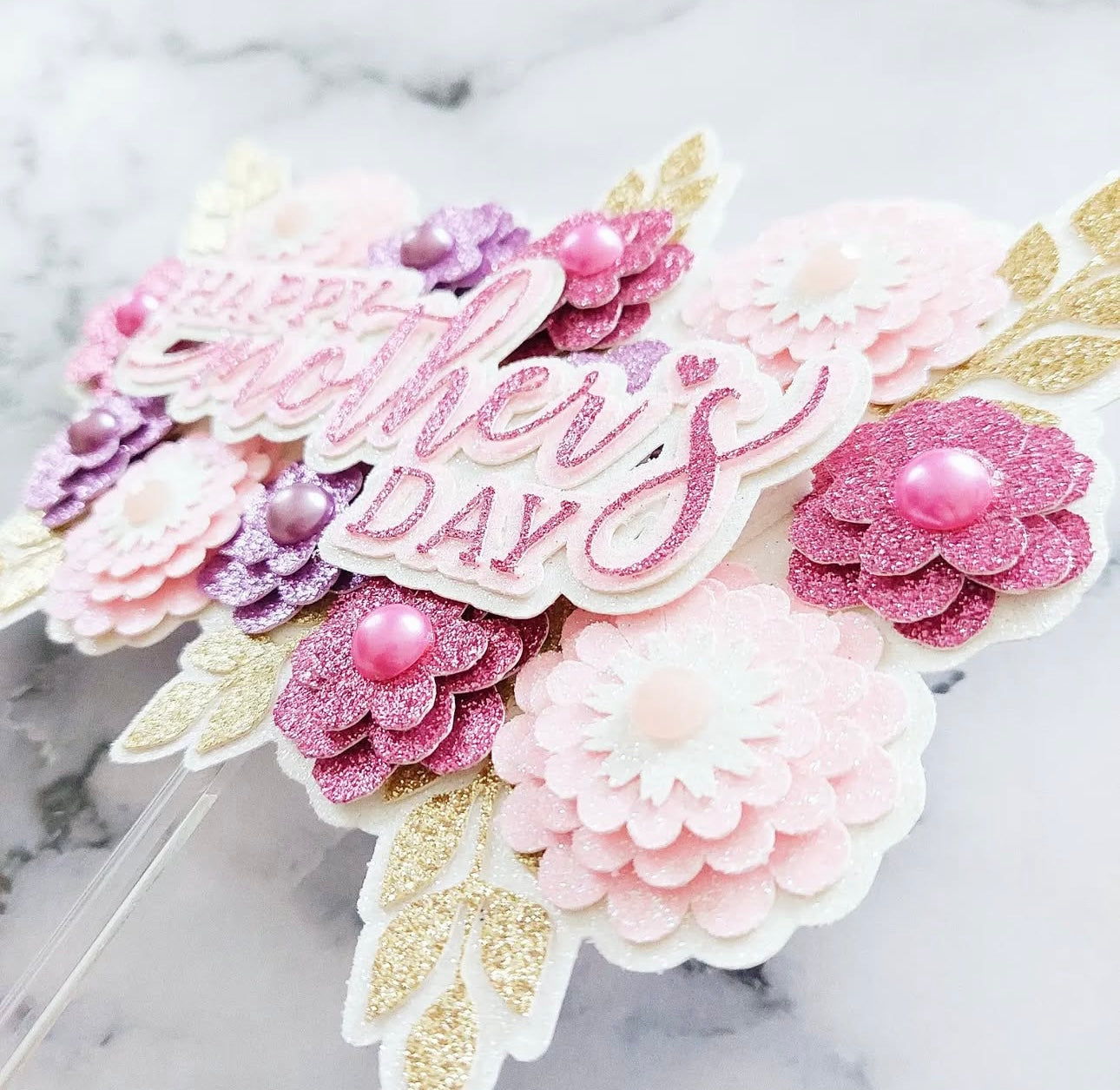 Mother’s Day Floral Glitter Card Cake Topper