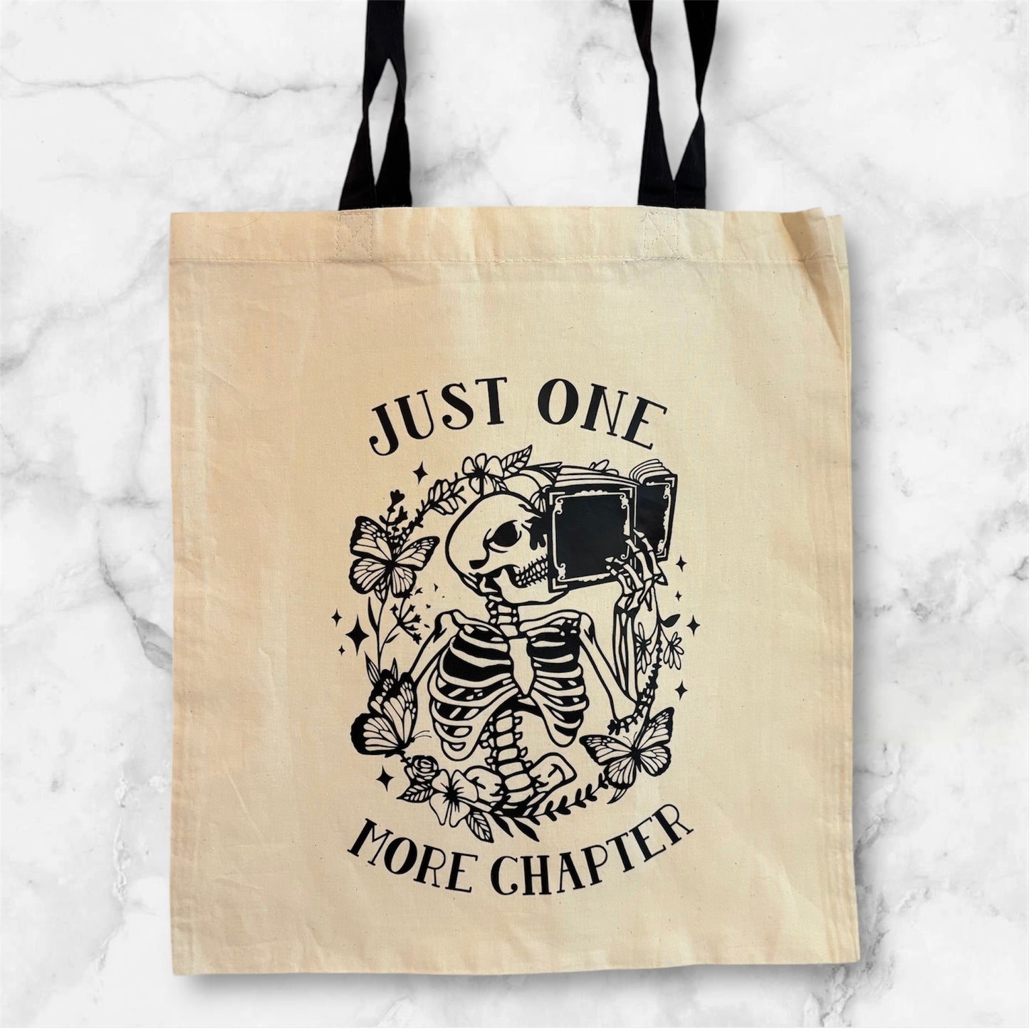 Just One More Chapter Skeleton Tote Bag