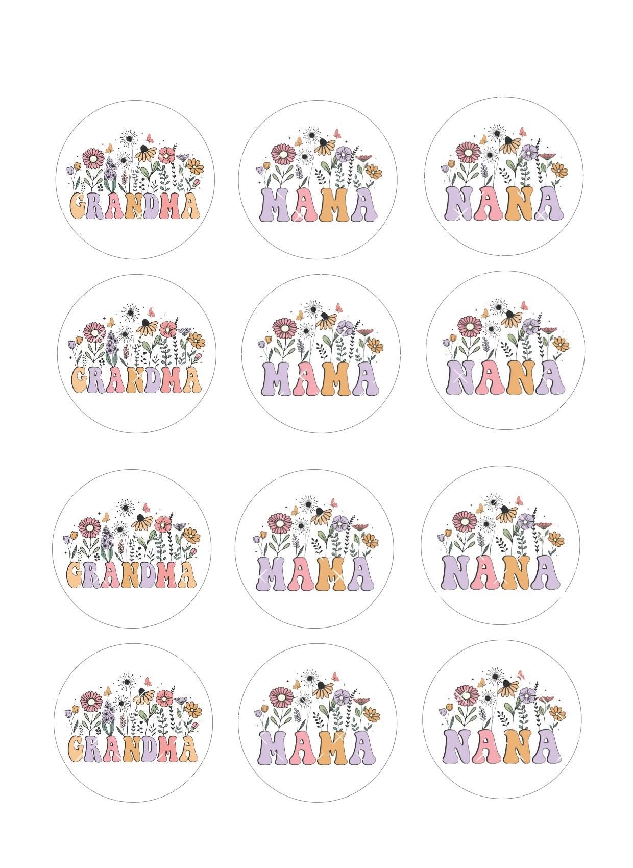 Floral Mama Nana Grandma Mother’s Day Icing Sheet Cupcake Toppers