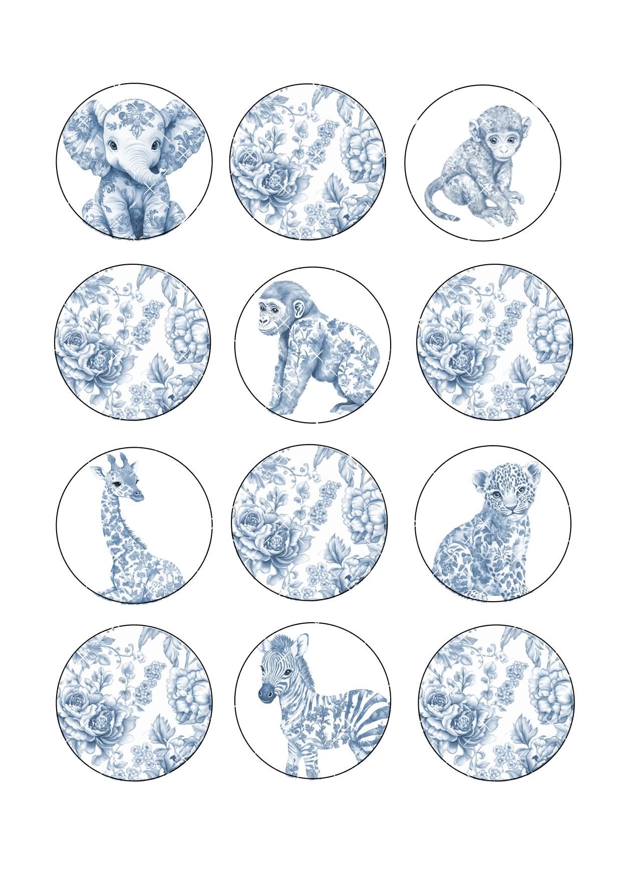 Chinoiserie Blue Safari Icing Sheet Cupcake Toppers