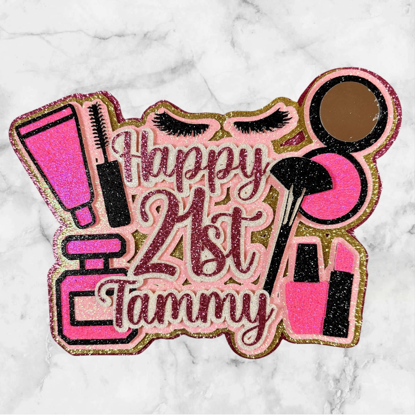 Pink Make-up Glitter Card Cake Topper