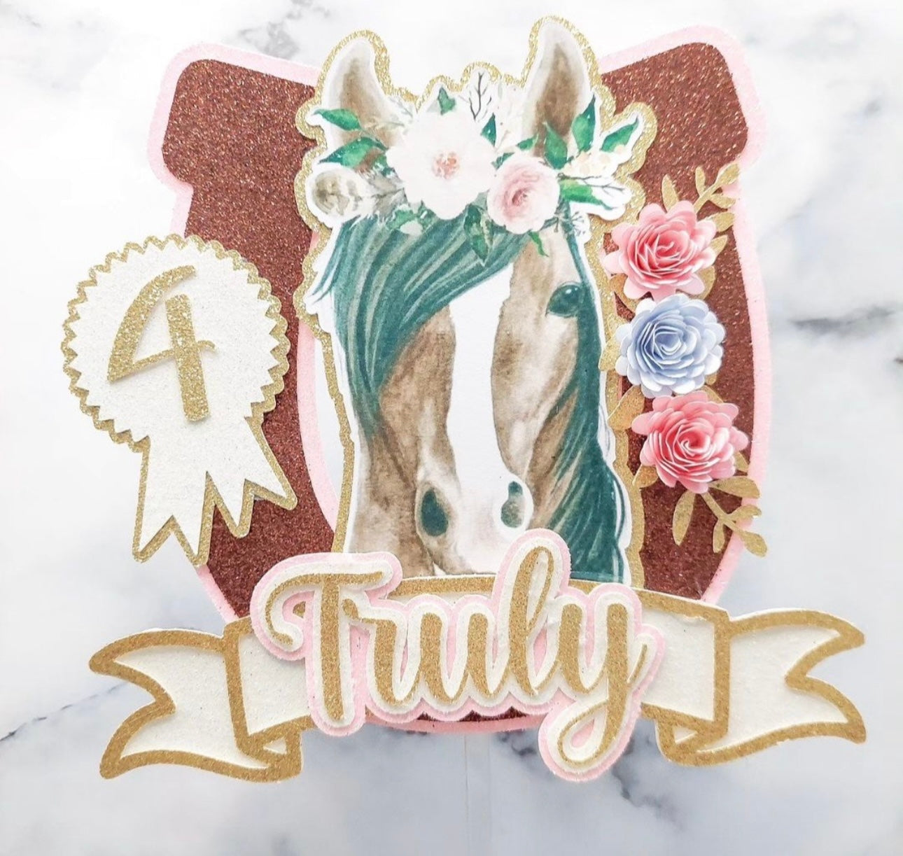 Floral Horse Glitter Card Cake Topper