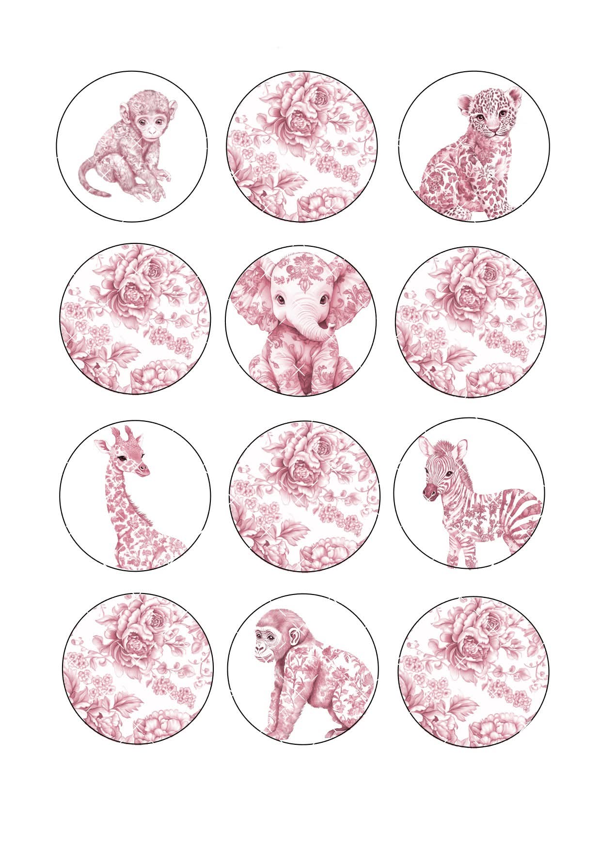 Chinoiserie Pink Safari Icing Sheet Cupcake Toppers