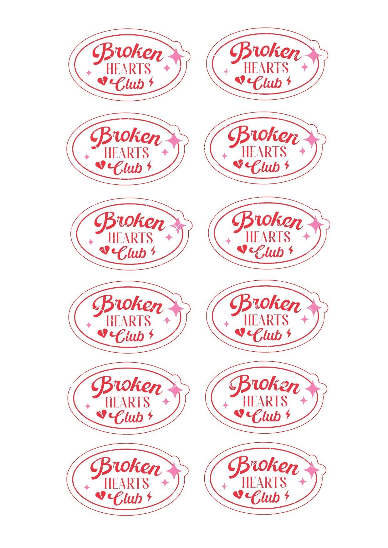 Broken Hearts Club Oval Valentines Icing Sheet CupcakeToppers