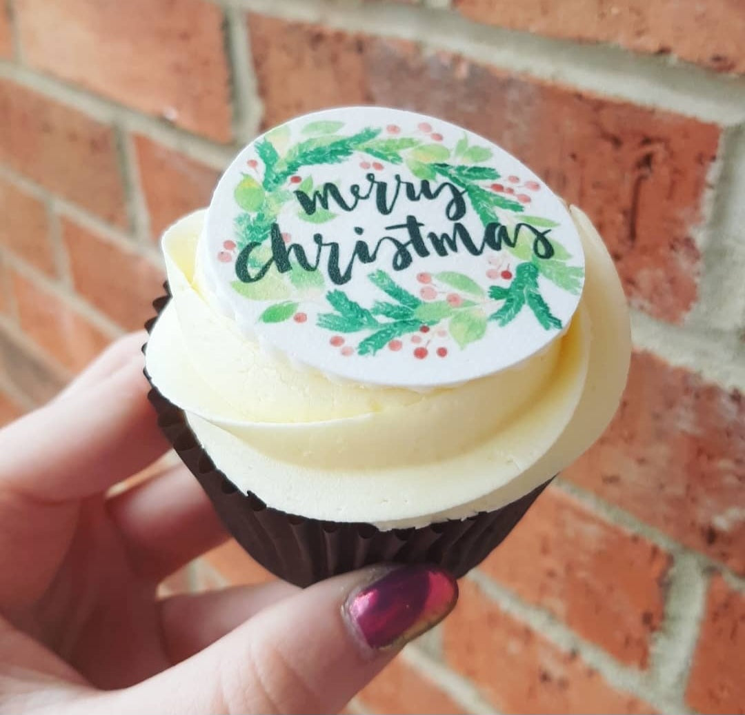 Merry Christmas Wreath Icing Sheet Cupcake Toppers