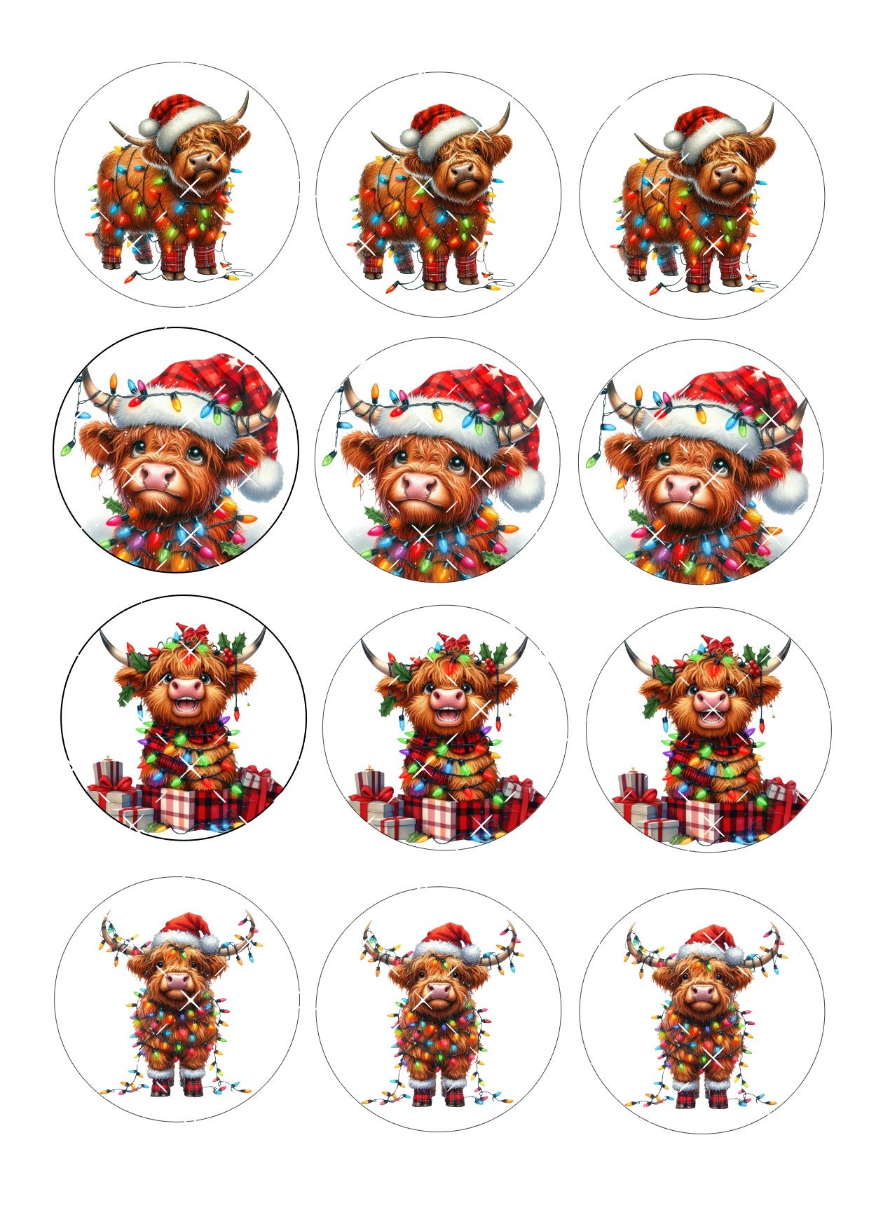 Christmas Highland Cow Icing Sheet Cupcake Toppers