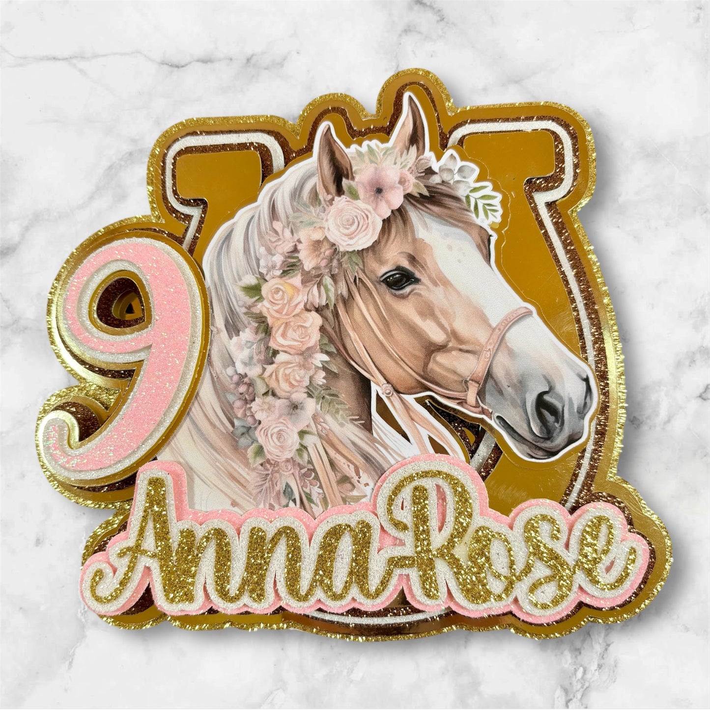 Golden Horse Glitter Card Cake Topper