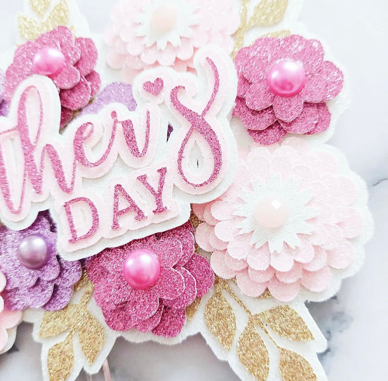Mother’s Day Floral Glitter Card Cake Topper