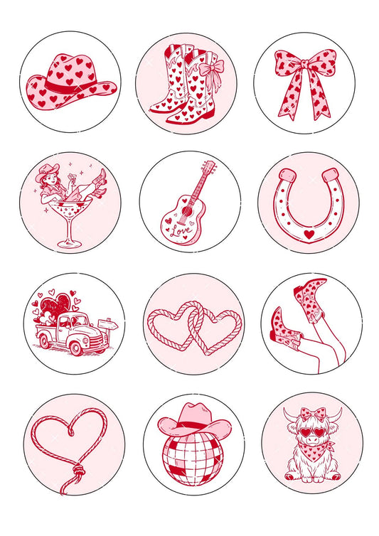 Country Western Cowgirl Valentines Icing Sheet Cupcake Toppers