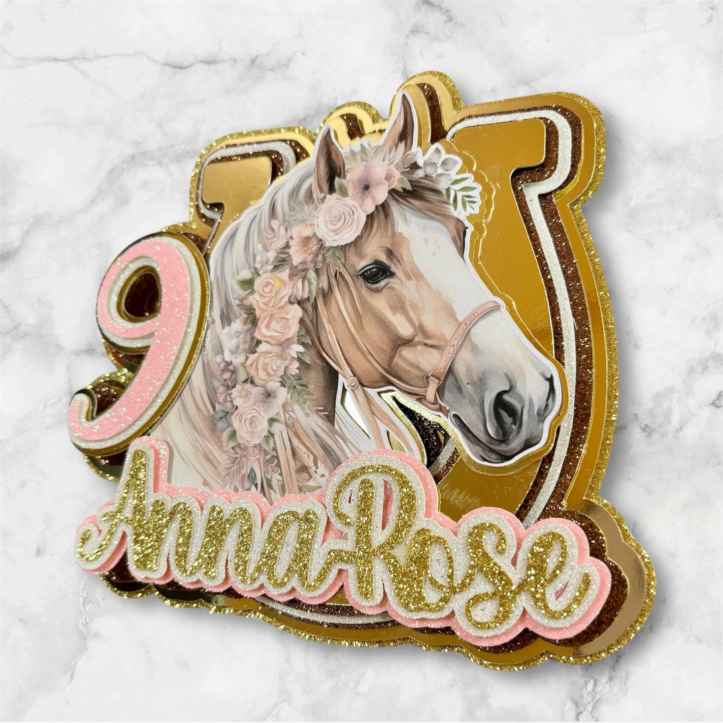 Golden Horse Glitter Card Cake Topper