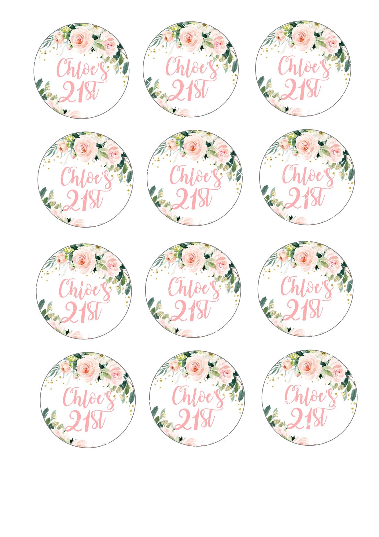 Personalised pink floral icing sheet cupcake toppers