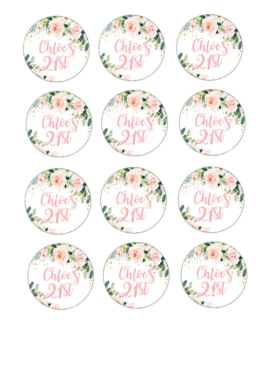 Personalised pink floral icing sheet cupcake toppers