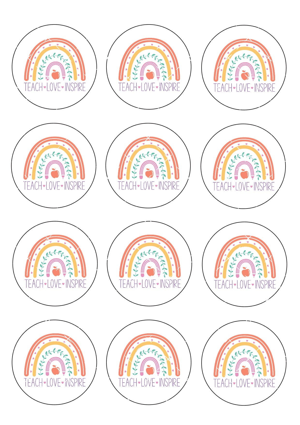 Teach Love Inspire Rainbow Icing Sheet Cupcake Toppers