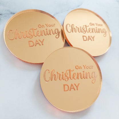 Floral Cross & On Your Christening Day Mirror Acrylic Cupcake Topper, Gold, Silver, Rose Gold