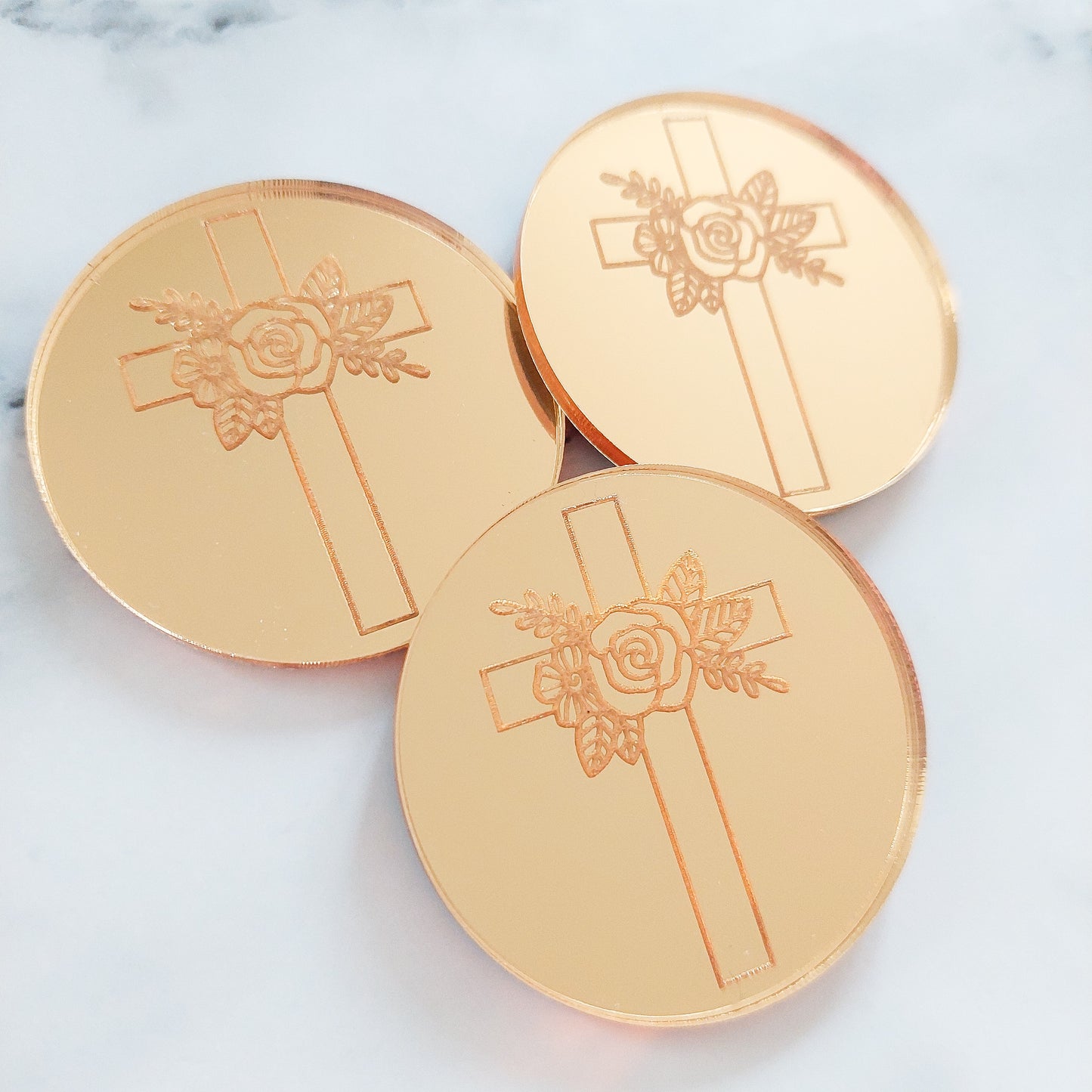 Floral Cross & On Your Christening Day Mirror Acrylic Cupcake Topper, Gold, Silver, Rose Gold