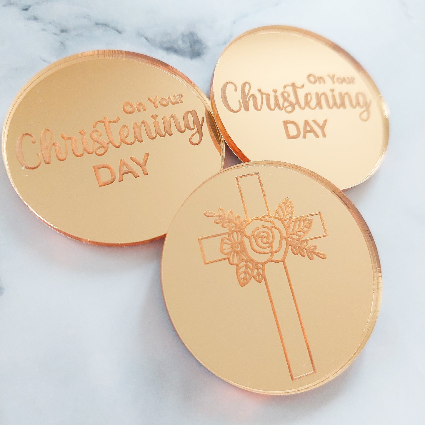 Floral Cross & On Your Christening Day Mirror Acrylic Cupcake Topper, Gold, Silver, Rose Gold