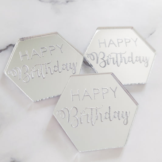 Happy Birthday Hexagon Silver Mirror Acrylic Cupcake Topper