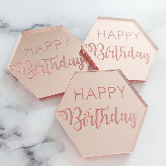 Happy Birthday Hexagon Rose Gold Mirror Acrylic Cupcake Topper