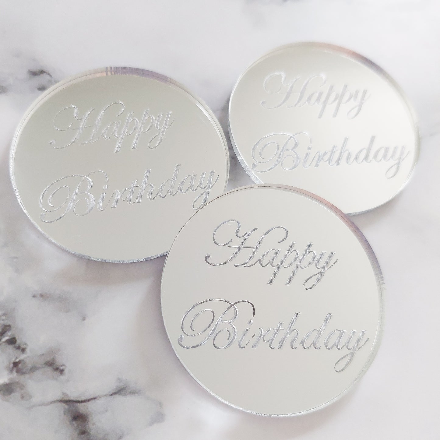 Happy Birthday Circle Silver Mirror Acrylic Cupcake Topper