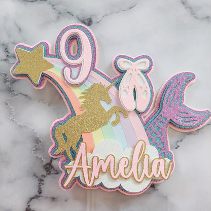 Unicorn, rainbow, ballet, mermaid Card Cake Topper