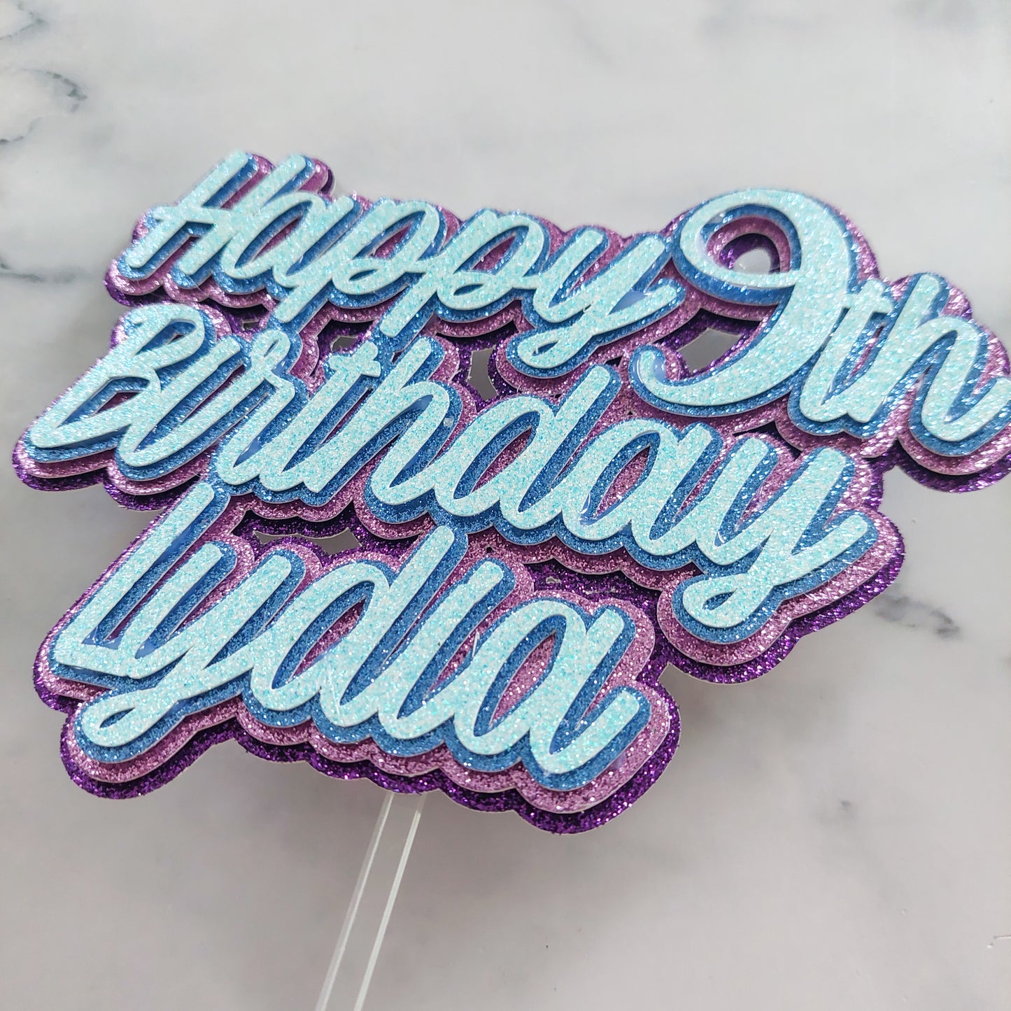 Blue and purple 3D layered glitter card cake topper