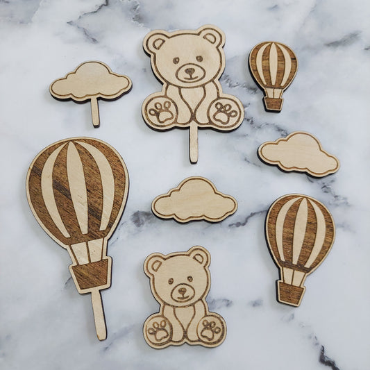 Hot Air Balloon Teddy Bear Wooden Cake Topper Set