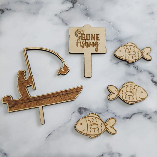 Fishing Wooden Cake Topper Set