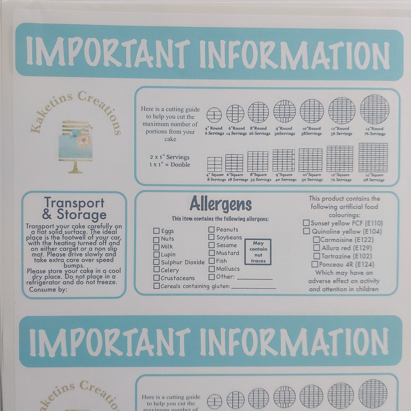 A5 Important Information Cake Stickers