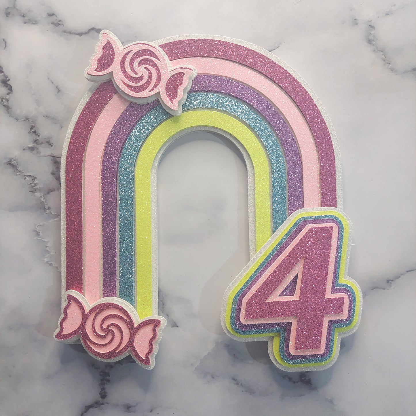 3D Layered Sweet Rainbow Glitter Card Cake Topper