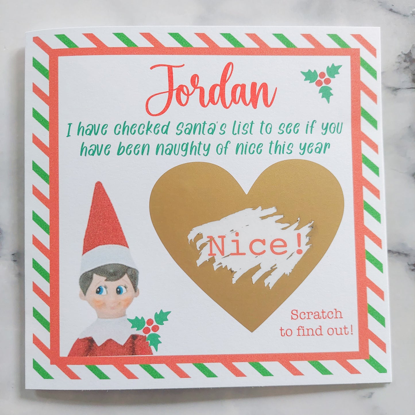 Personalised Elf Nice or Naughty Scratch Greeting Card