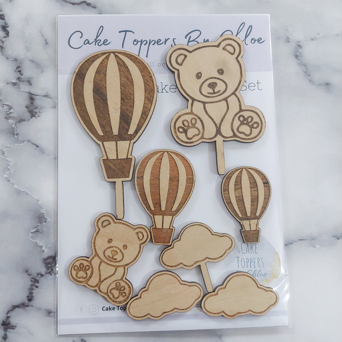 Hot Air Balloon Teddy Bear Wooden Cake Topper Set