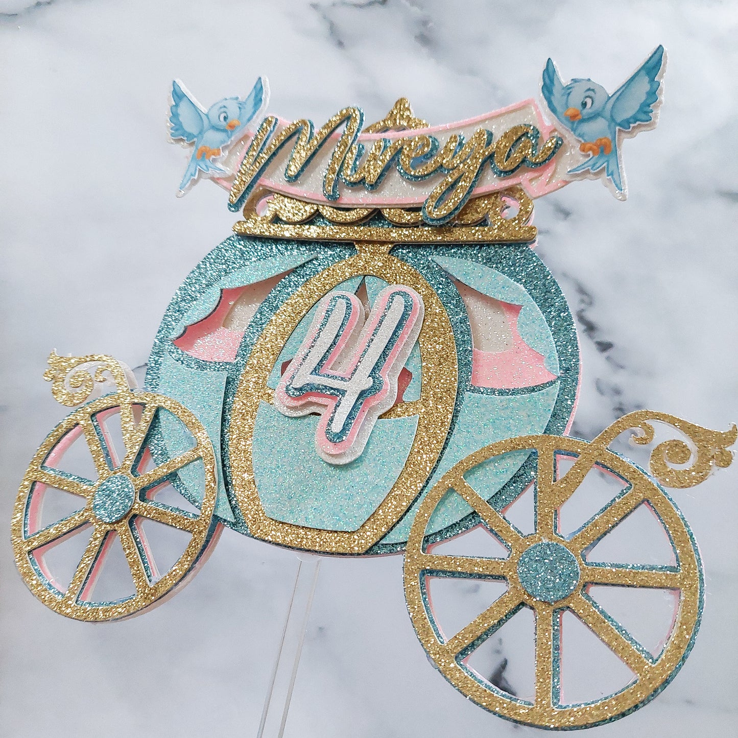 3D layered princess carriage glitter card cake topper