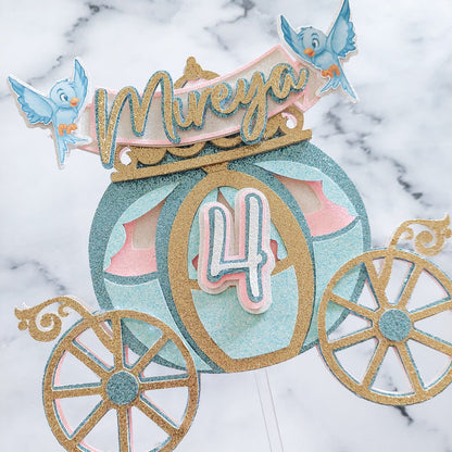 3D layered princess carriage glitter card cake topper