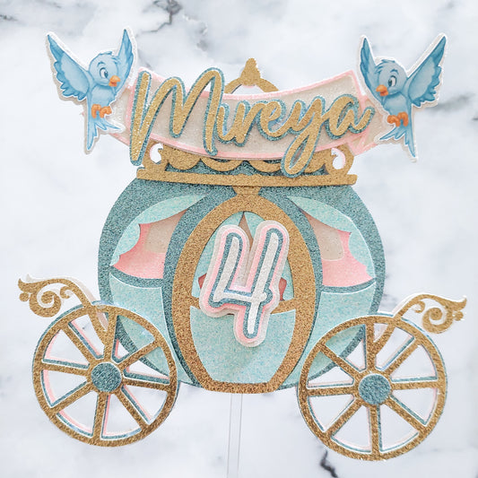 3D layered princess carriage glitter card cake topper