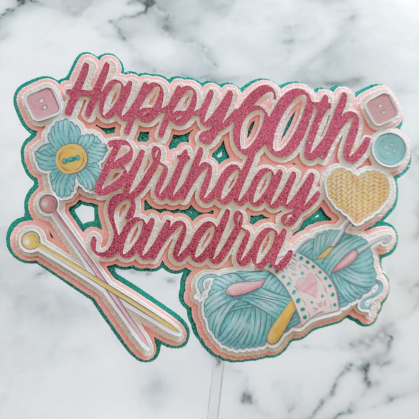 Knitting themed glitter card cake topper