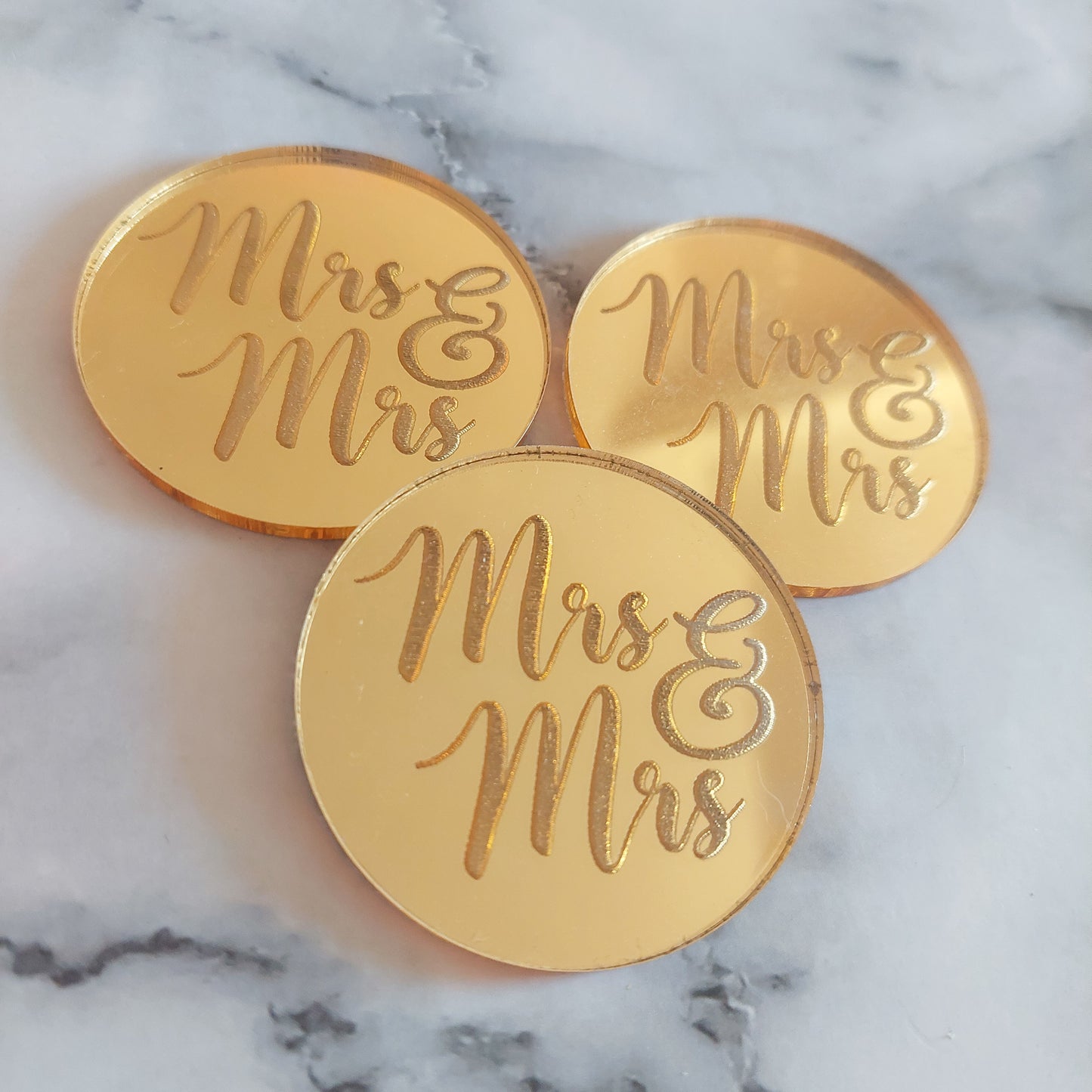 Mrs & Mrs Gold Mirror Acrylic Cupcake Topper