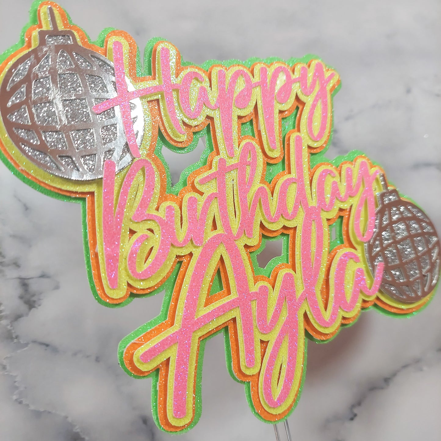 Neon Disco Ball Cake Topper & Charm