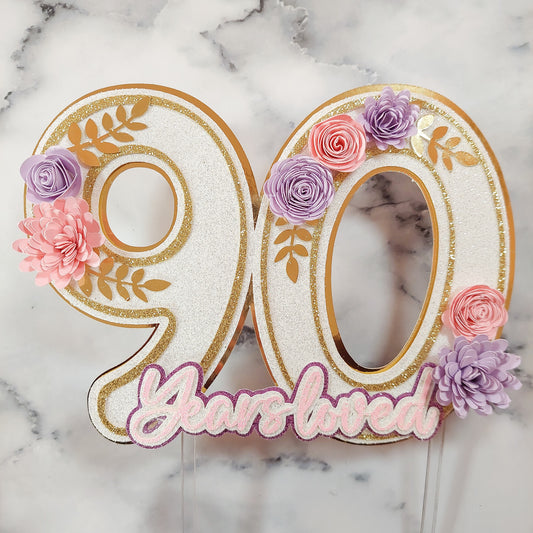 Floral Cake Topper 90 Years Loved - Any Age