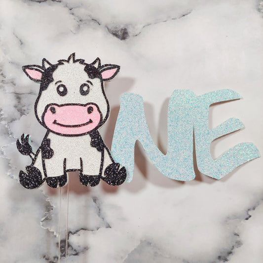 ONE Cow Glitter Card Cake Topper