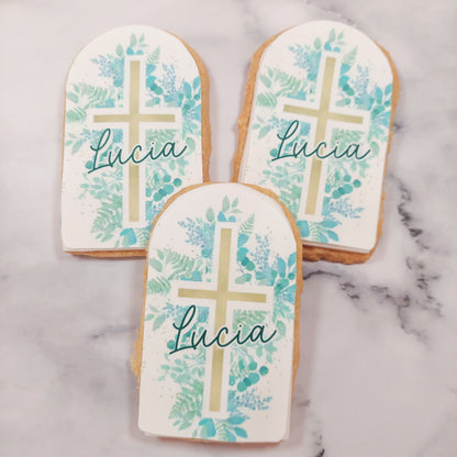 Christening Arch Cookie Toppers Icing Sheet Personalised Eucalyptus Cross