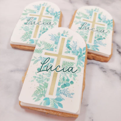 Christening Arch Cookie Toppers Icing Sheet Personalised Eucalyptus Cross