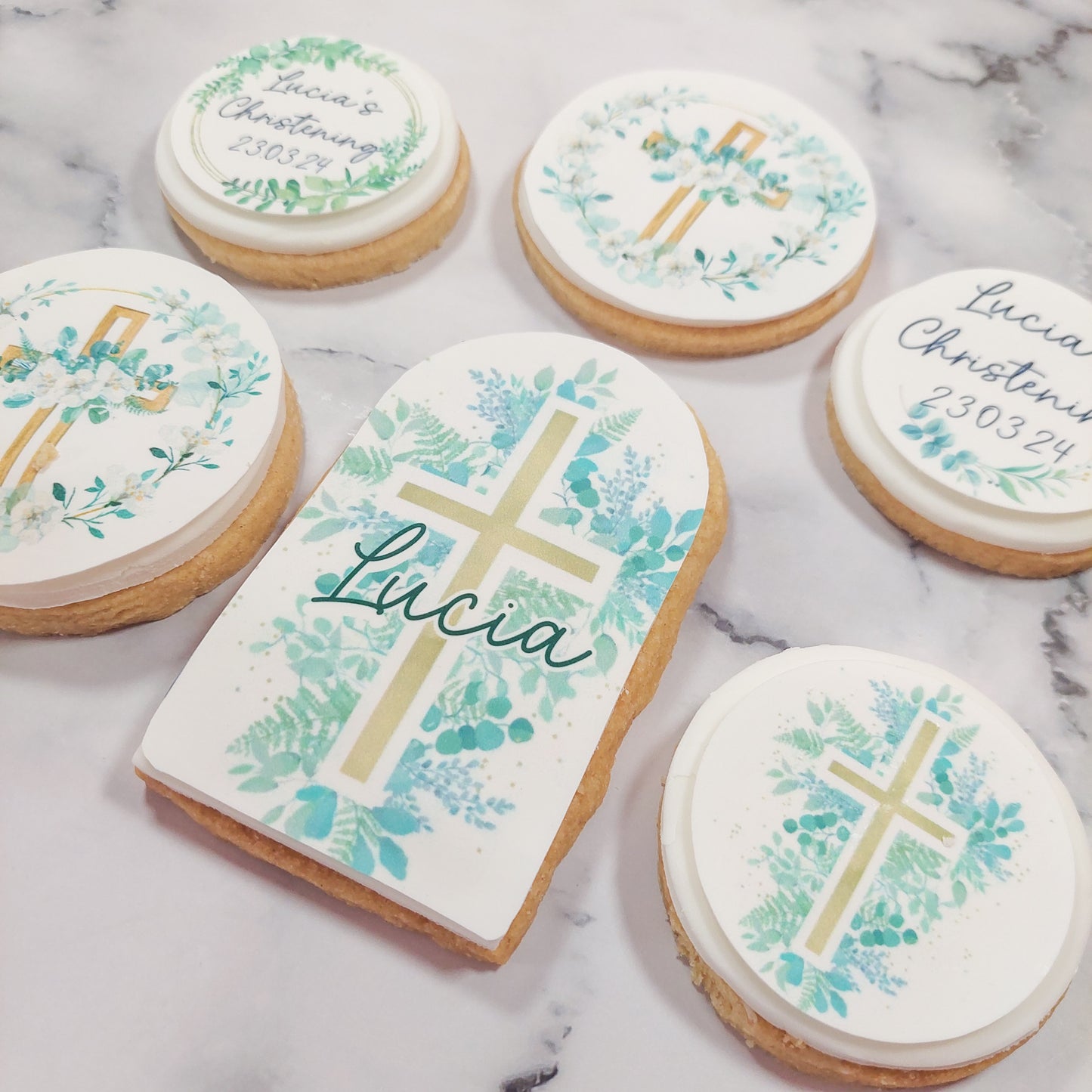 Christening Arch Cookie Toppers Icing Sheet Personalised Eucalyptus Cross