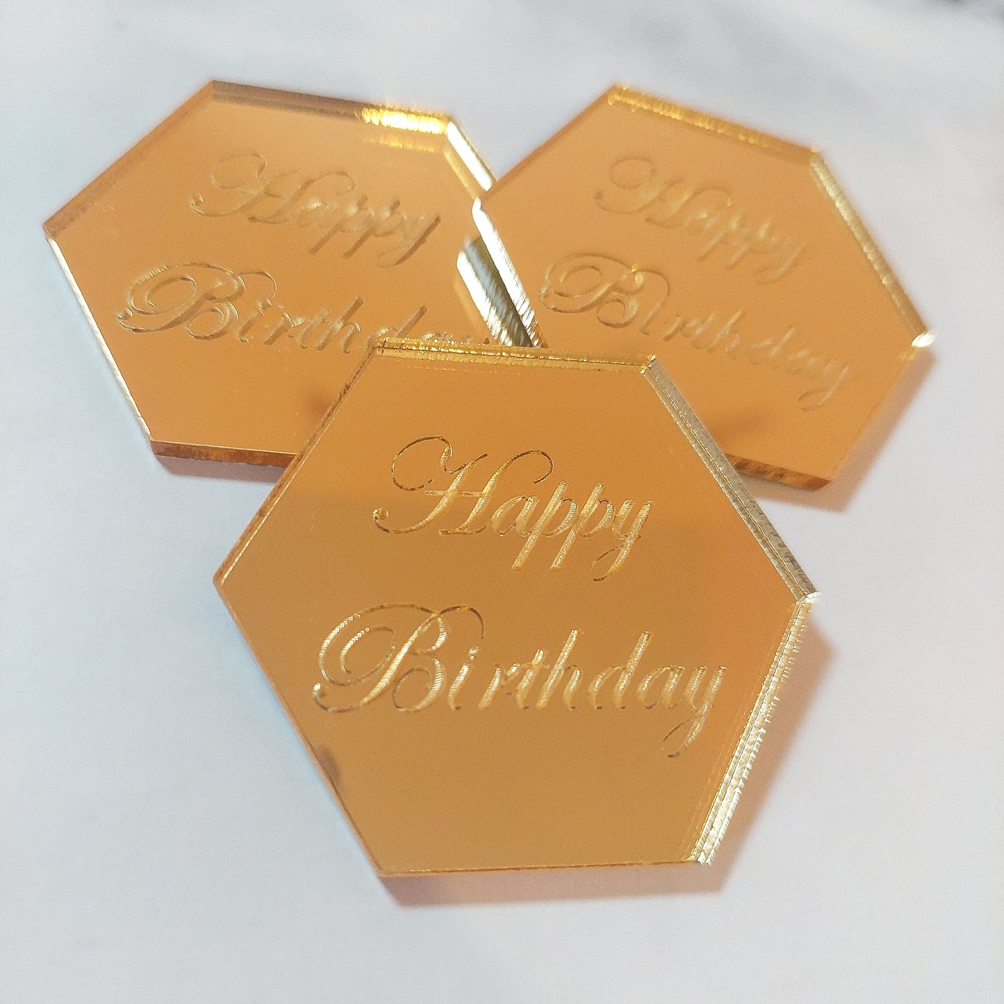 Happy Birthday Gold Mirror Acrylic Hexagon Discs