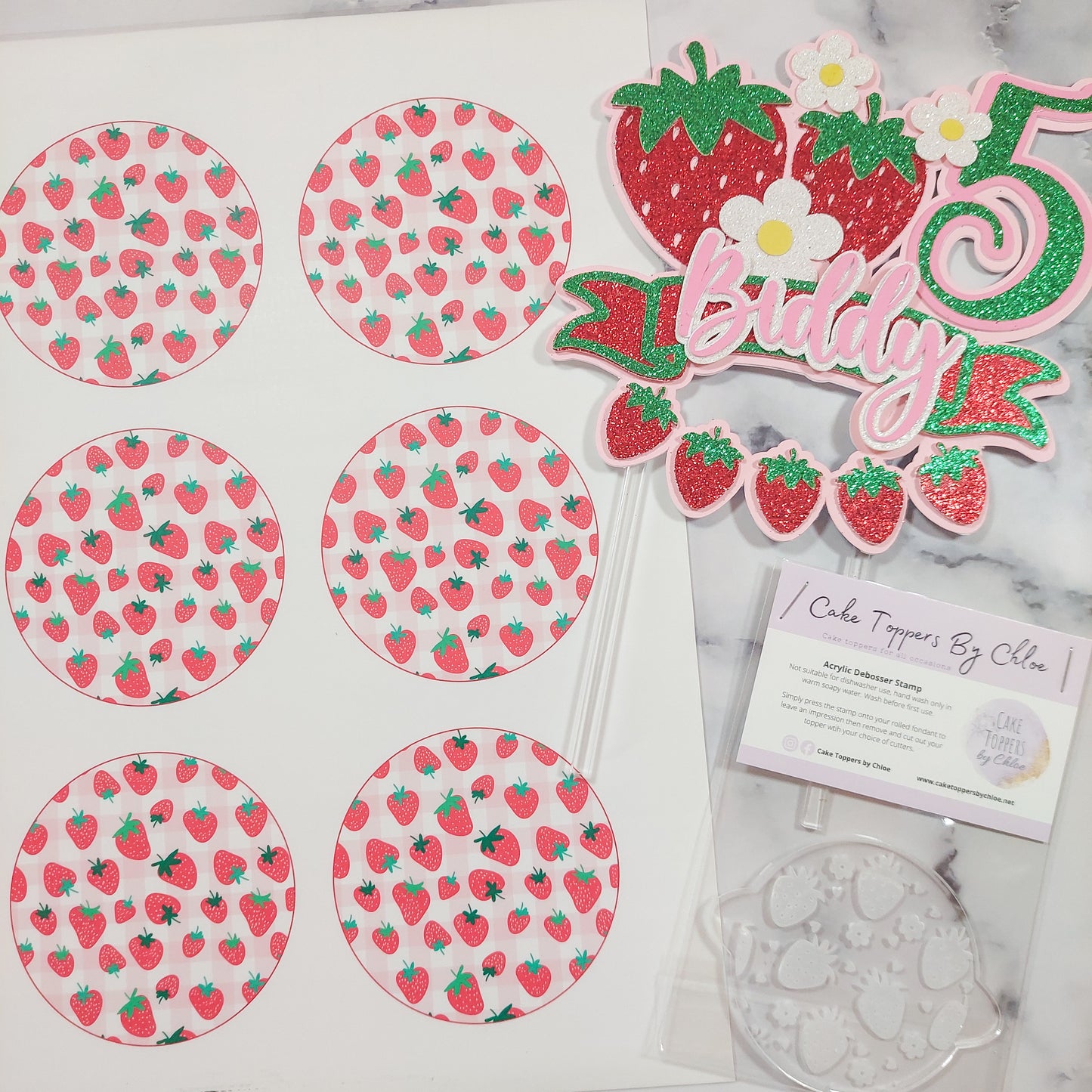 Strawberry Glitter Card Cake Topper