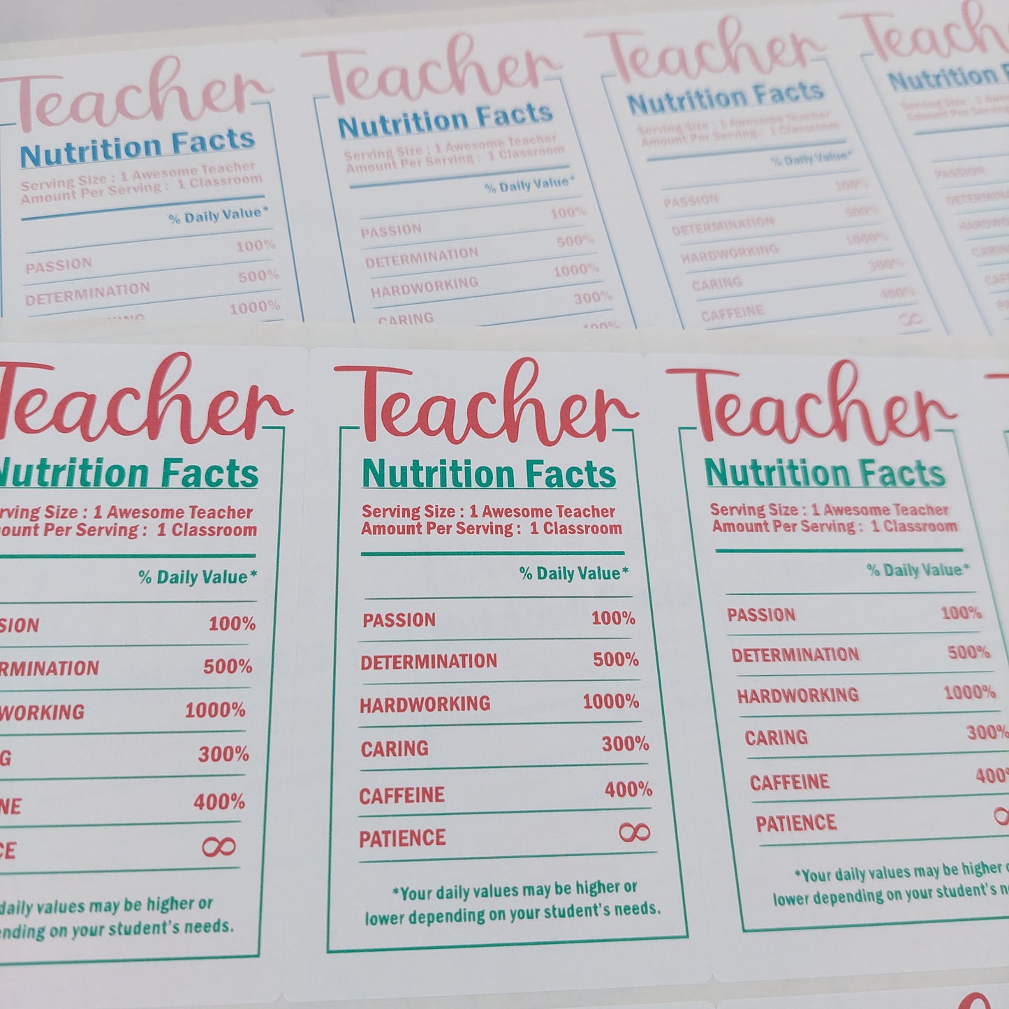 Teacher Nutritional Facts Stickers