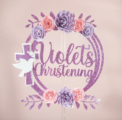 Floral Christening/Baptism Glitter Card Cake Topper