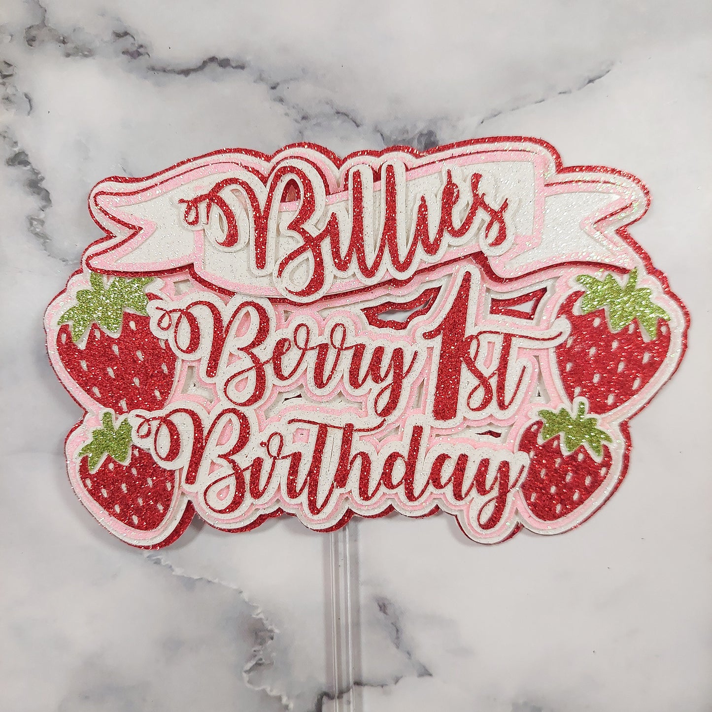 Strawberry #3 Glitter Card Cake Topper