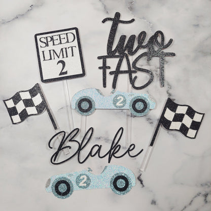 Vintage Race Car Two Fast, Fast One Card Cake Topper