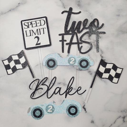 Vintage Race Car Two Fast, Fast One Card Cake Topper