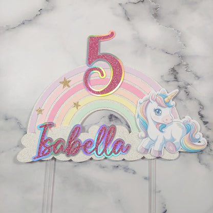 Holographic Pastel Unicorn Rainbow Cake Topper